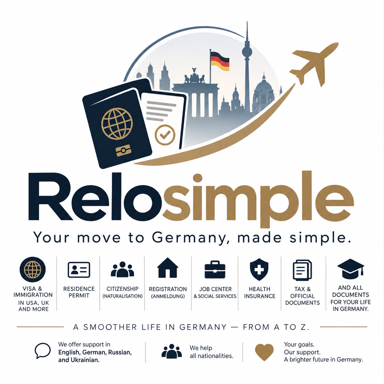 Relosimple services: immigration, residence, registration, insurance and documents, in four languages